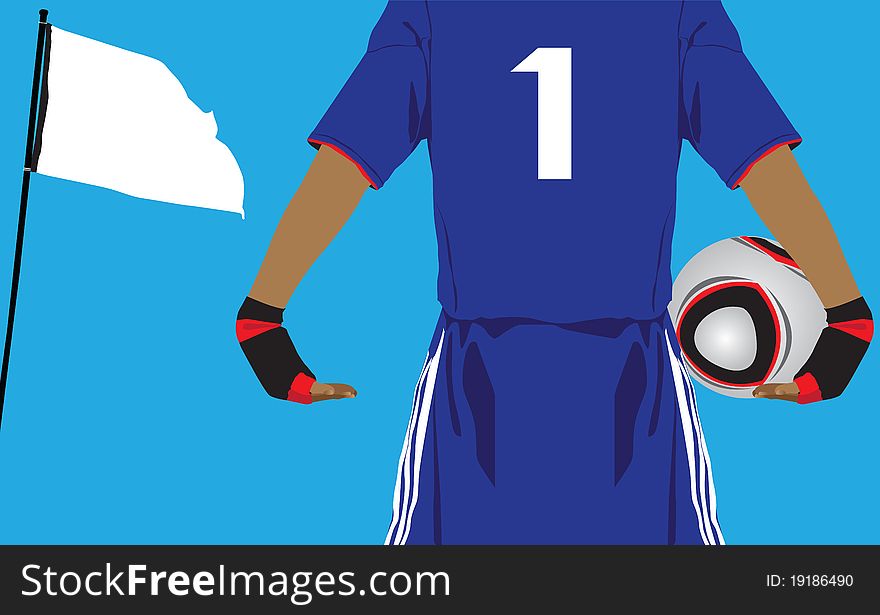 A young goalkeeper holding a football on blue background. A young goalkeeper holding a football on blue background