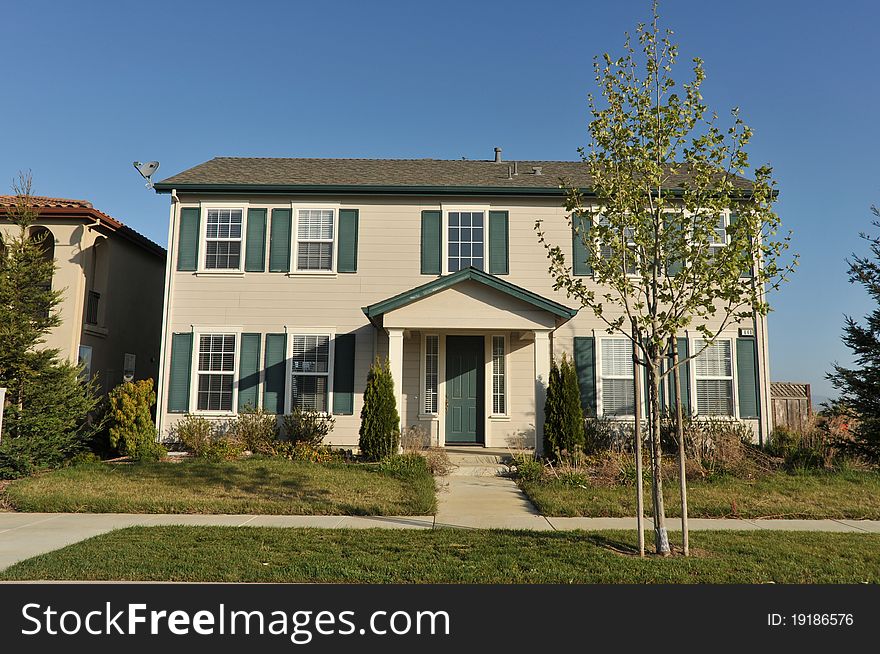 House surrounded by trees and grass with blue sky.