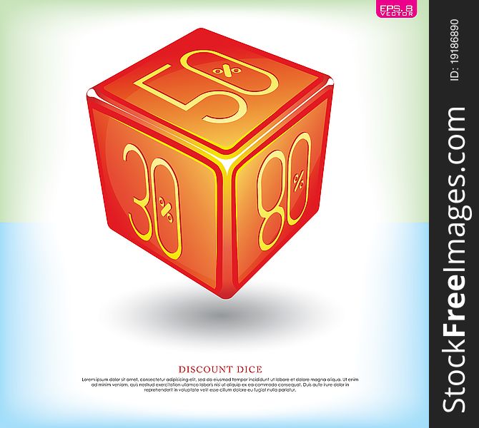 A red dice with yellow discounts. Lucky discount game!. A red dice with yellow discounts. Lucky discount game!