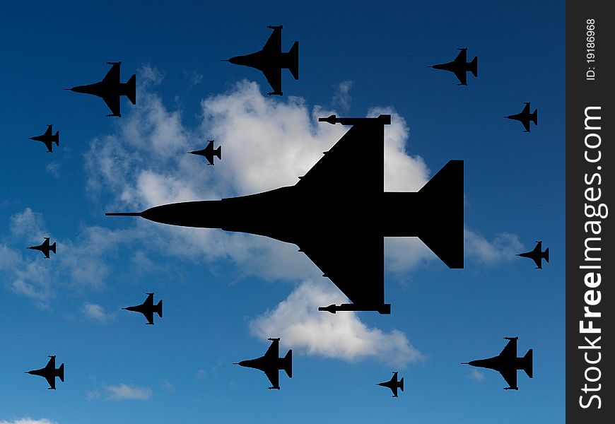 Aircraft silhouetted in a blue sky