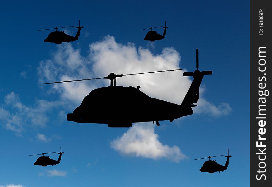 Helicopters silhouetted in a blue sky