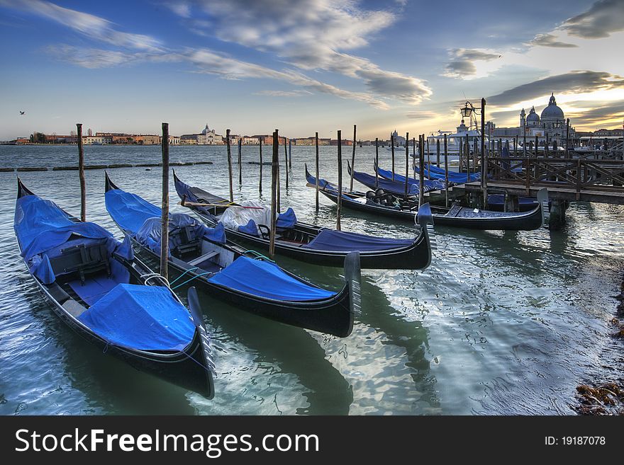 Parked Gondolas in front of St. Mark's square in Venice, Italy