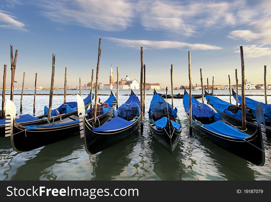 Parked Gondolas in front of St. Mark's square in Venice, Italy