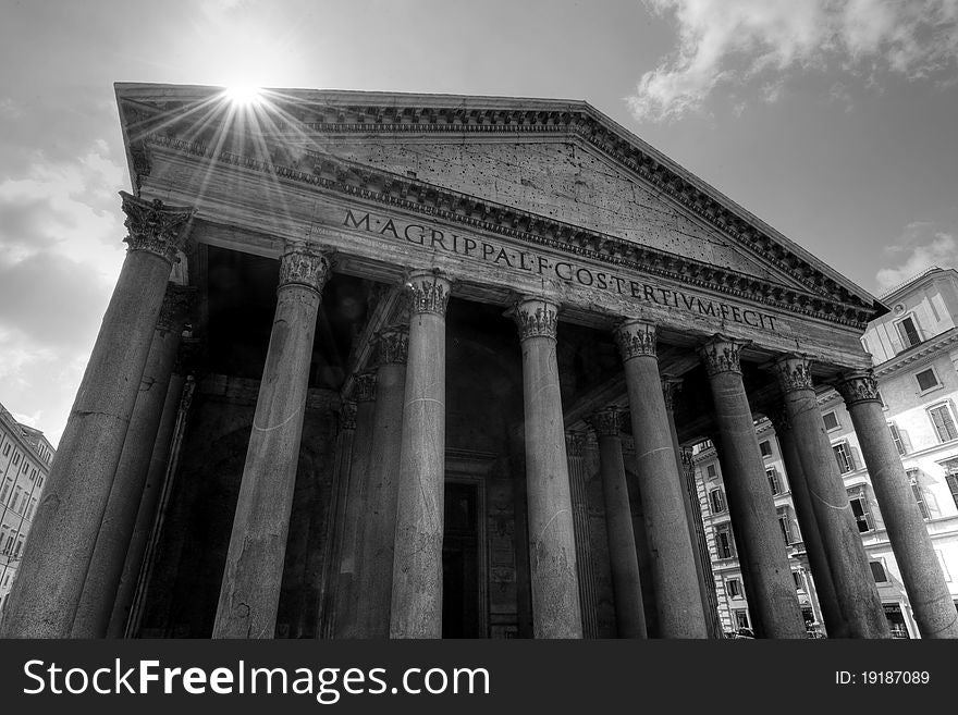 The Pantheon with a sun glare on a roof, Rome, Italy