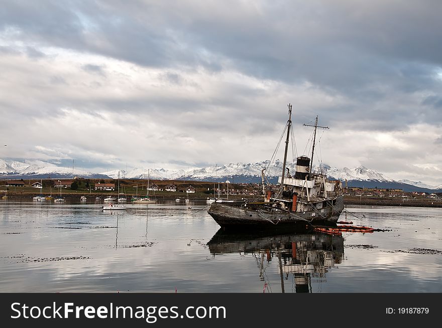 An abandoned ship in the bay of Ushuaia