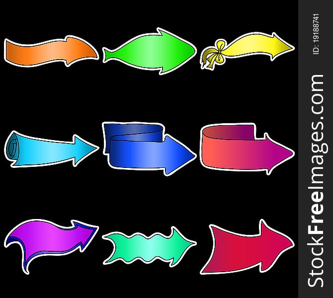 Set of different colourful arrows on a black background. Set of different colourful arrows on a black background