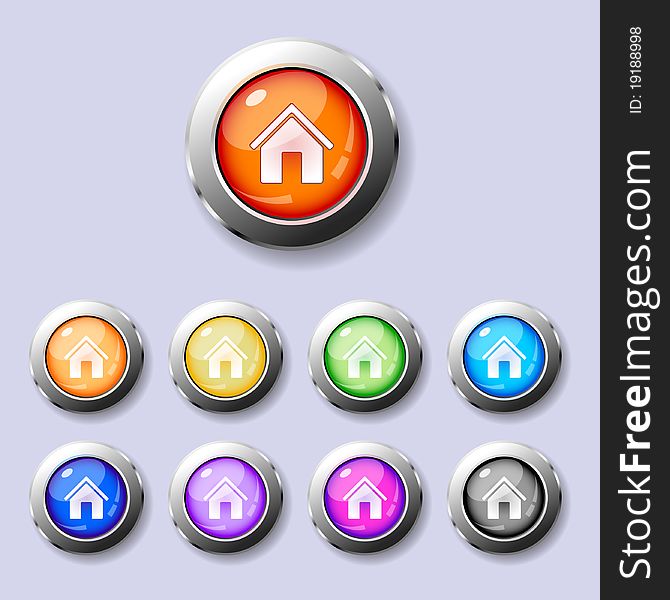 A set of glossy metal trimmed colorful round buttons Home. A set of glossy metal trimmed colorful round buttons Home