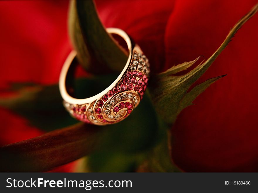 Ring with diamonds on the red rose caulis