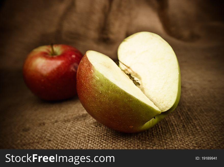 Fresh apples on on the sack background