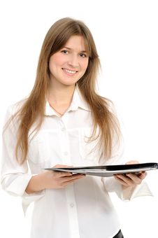 Woman, Giving A Folder Royalty Free Stock Image