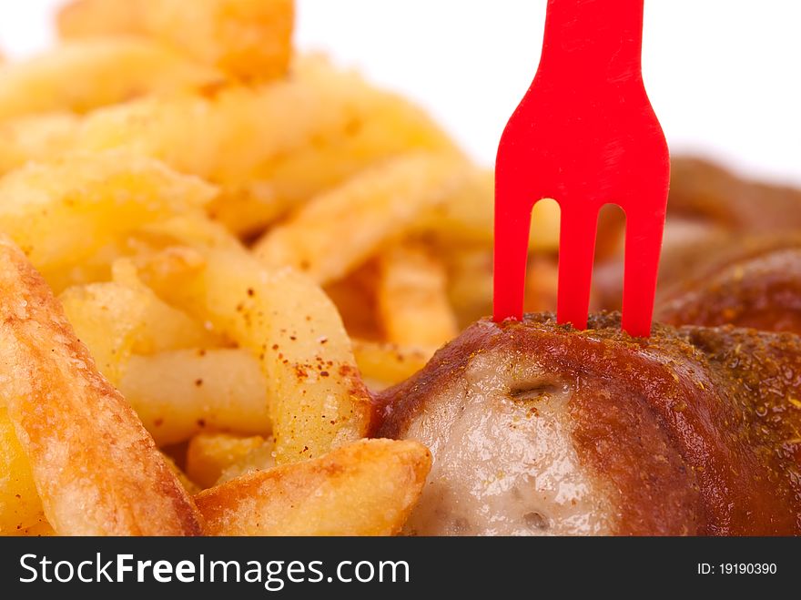 Curried sausage and chips