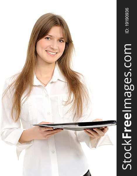 Business woman, giving a folder on a white background