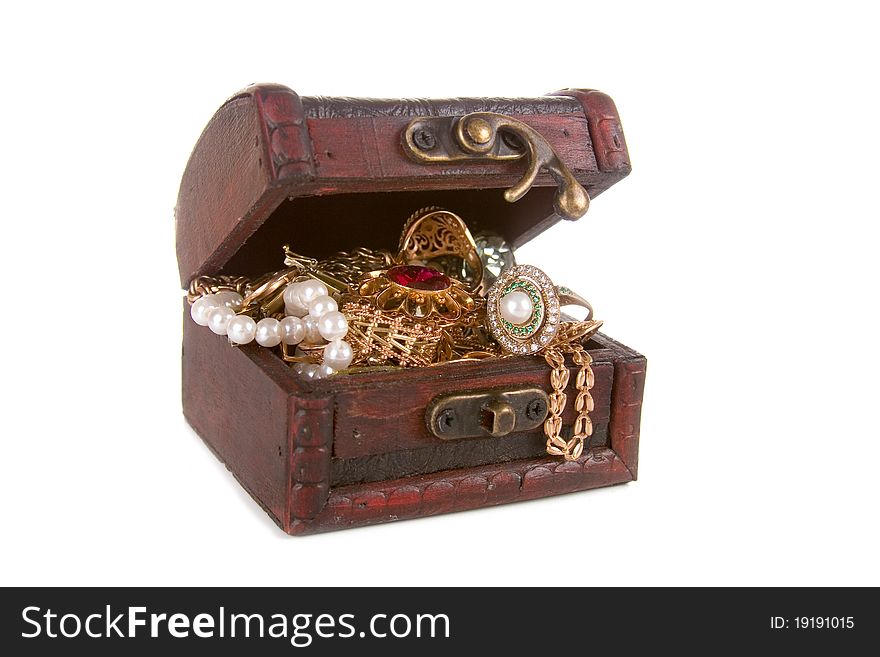 Brown chest with treasures isolated on white background