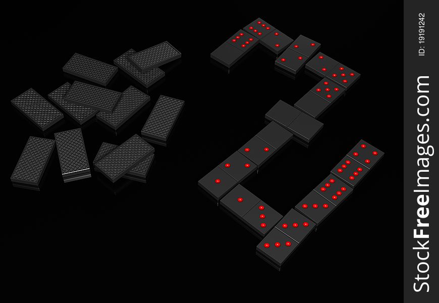 Black dominoes with red points on blacl table