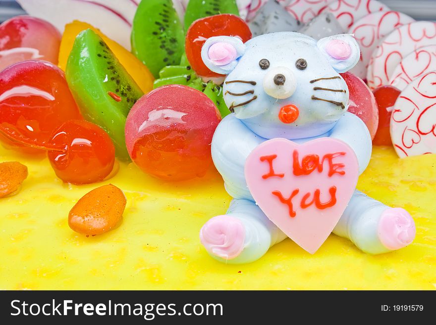 Cake with fruits and little bear decoration--I Love You