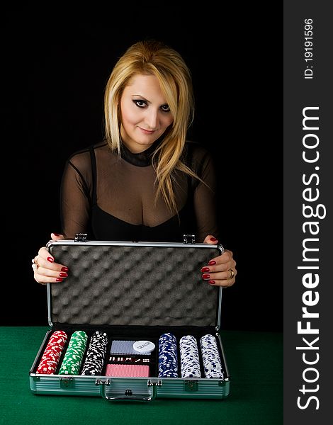 Blond with Poker playing Set isolated on black background. Blond with Poker playing Set isolated on black background