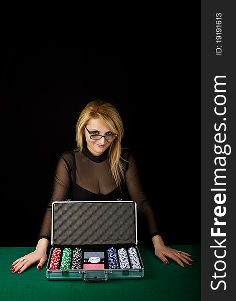 Blond with Poker playing Set isolated on black background. Blond with Poker playing Set isolated on black background