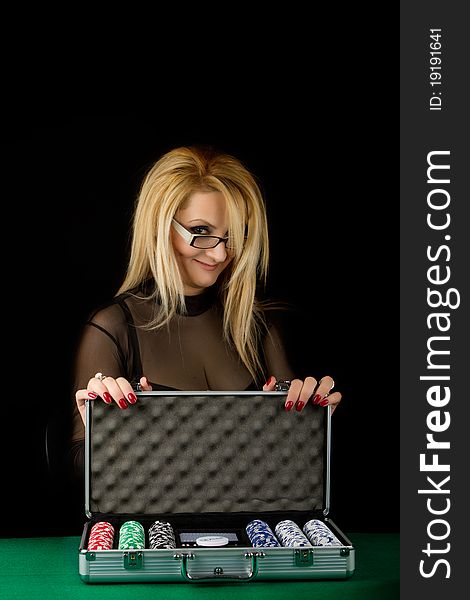 Sexy Blond with Poker playing Set isolated on black background