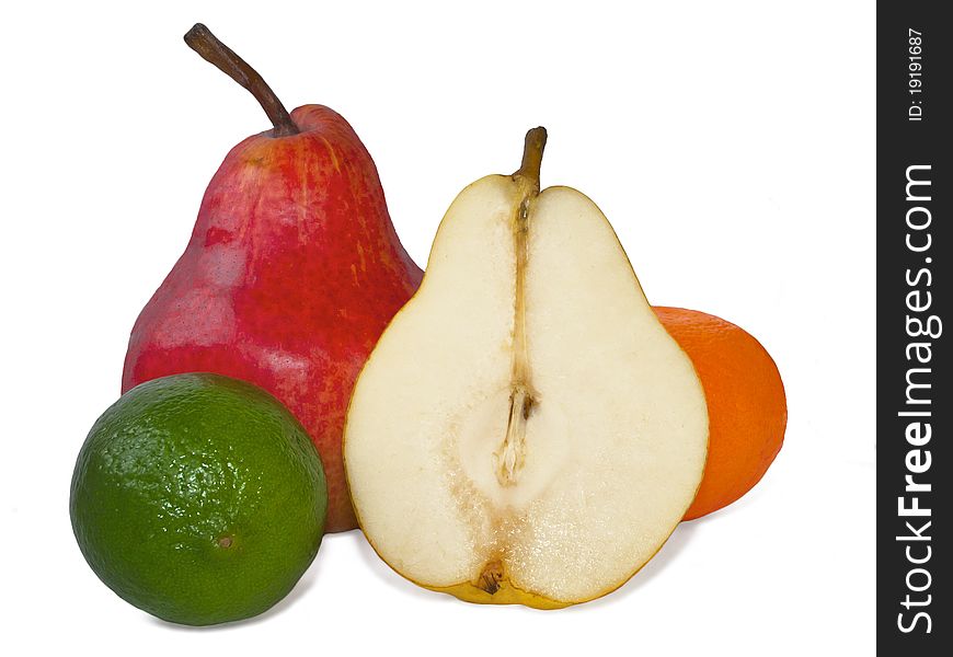 Pear, lemon, mandarin. Pears and citrus fruits on white background. Pear, lemon, mandarin. Pears and citrus fruits on white background