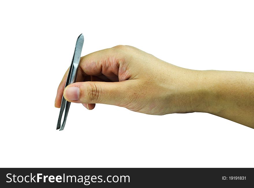 Tweezers With Hand Isolate On White Background