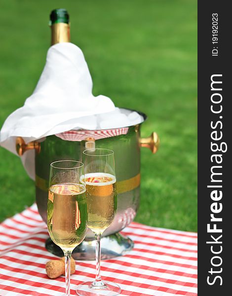 Champagne being poured at a summer picnic. Champagne being poured at a summer picnic