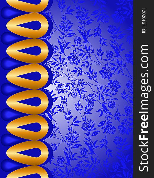Blue floral background with gold decoration on the left. Blue floral background with gold decoration on the left