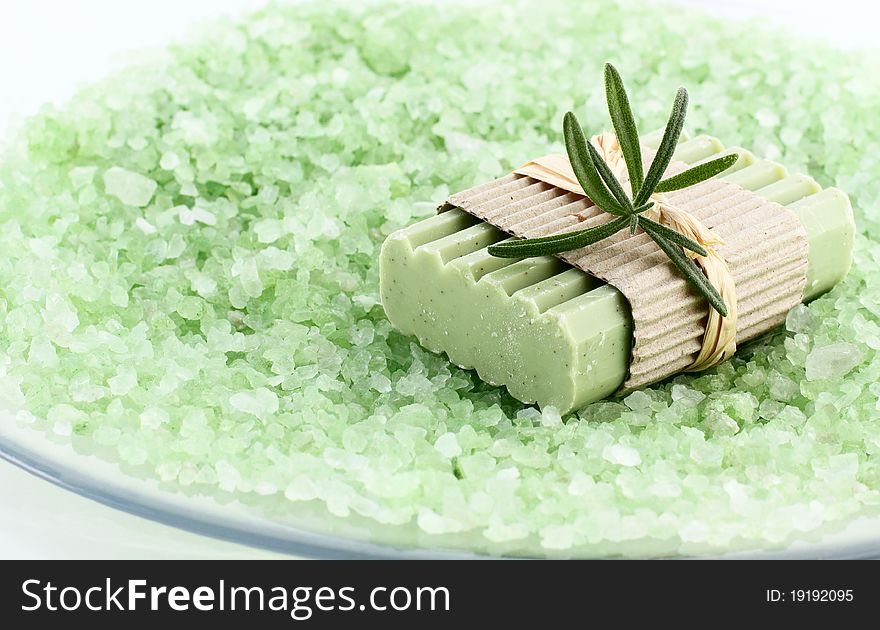 Bar of natural soap, herbs and bath salt. Bar of natural soap, herbs and bath salt