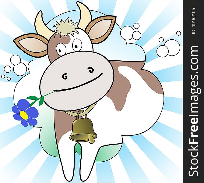 Cow with a flower in radiant white and blue background. Cow with a flower in radiant white and blue background