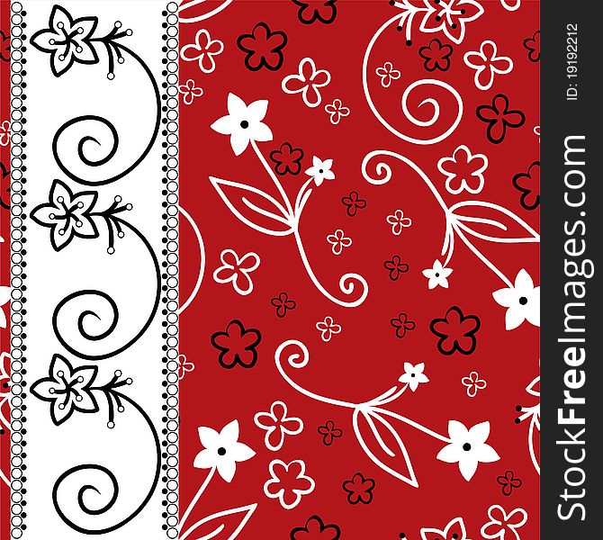 Red background with white and black flowers and a vertical stripe. Red background with white and black flowers and a vertical stripe