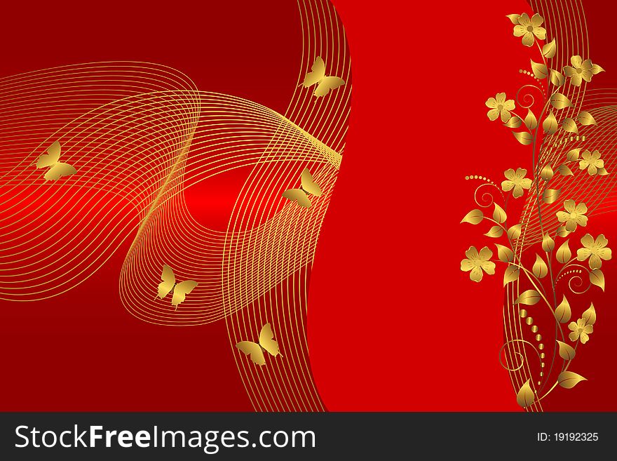 Golden flowers and butterflies on the red background. Golden flowers and butterflies on the red background.