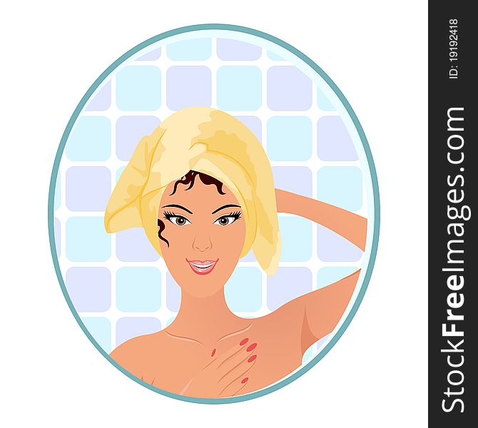 Illustration beautiful woman in mirror in bathroom - vector