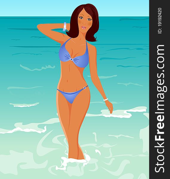 Illustration pretty suntanned girl on beach - vector