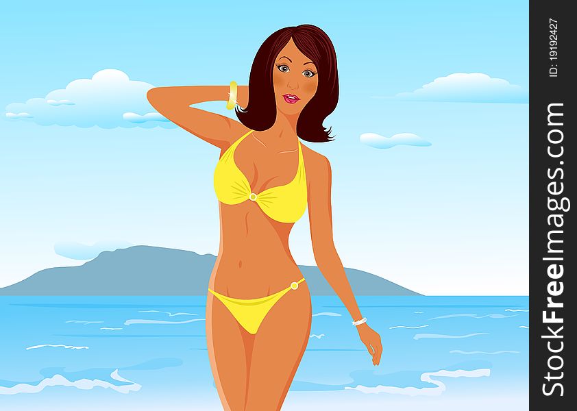 Illustration pretty suntanned girl on beach - vector