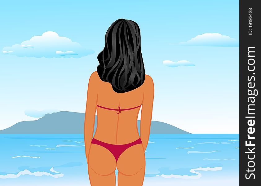 Illustration sexy woman's back on the beach - vector