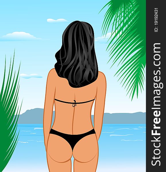 Illustration sexy woman's back on the beach - vector