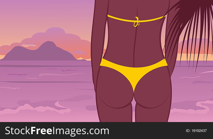 Illustration buttocks of young girl at sunset on beach - vector