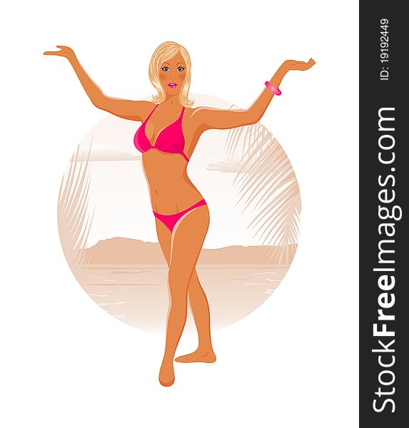 Illustration pretty blond girl on summer background - vector