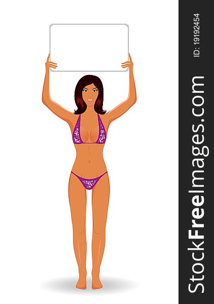 Illustration beauty girl in bikini with banner isolated - vector