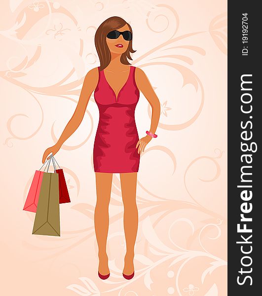 Illustration fashion shopping girl with bags - vector
