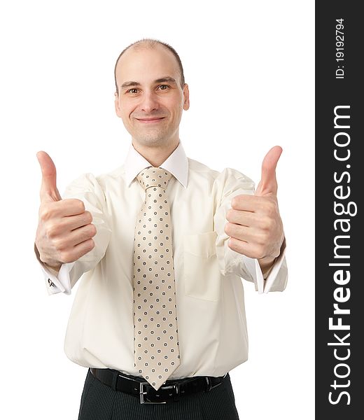 Successful business man gesturing a thumbs up sign on white