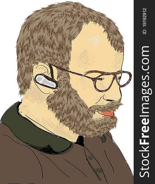 Bearded man facing right with glasses and ear piece. Head only. Bearded man facing right with glasses and ear piece. Head only.