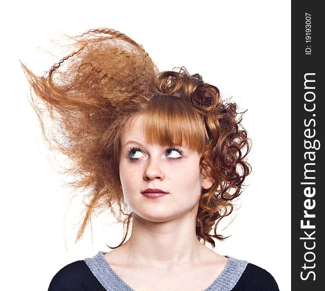 Portrait of the young woman on the isolated white background.Strange hairdress