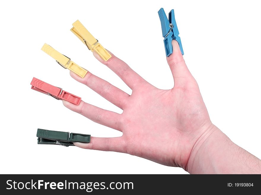 Hand with attached pin to every finger on a white background. Hand with attached pin to every finger on a white background
