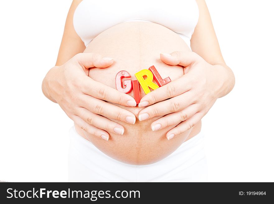Pregnant woman hold in hand word girl isolated
