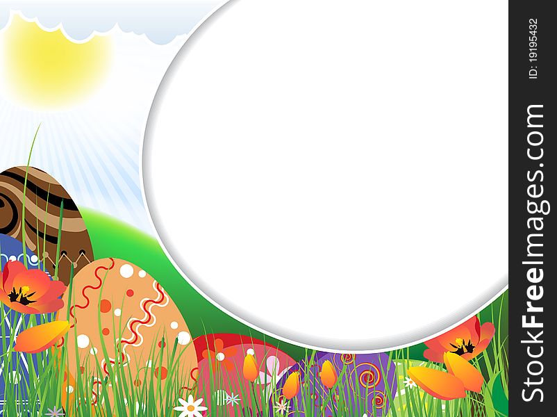 Huge colored eggs on the sunny meadow. Easter frame.