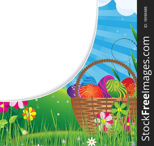 Basket filled with colorful eggs on the spring meadow. Basket filled with colorful eggs on the spring meadow