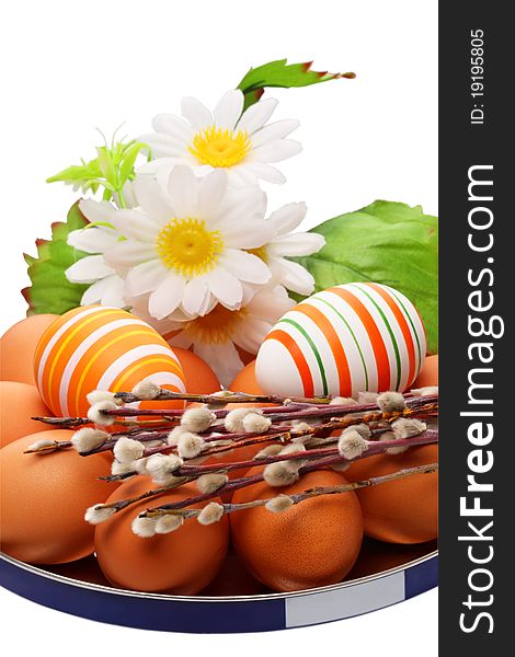 Easter eggs, willows and flowers isolated on white background. Easter eggs, willows and flowers isolated on white background