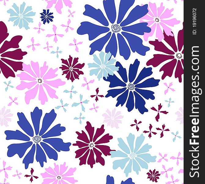 Floral seamless white pattern with blue and pink flowers