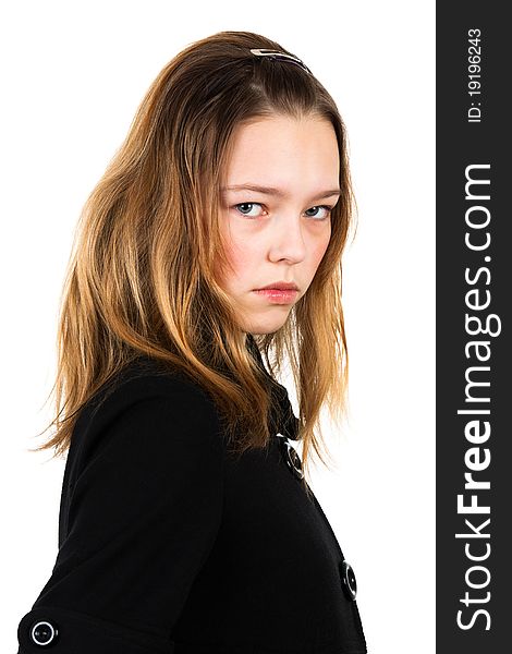 Girl in a black coat over a white background
