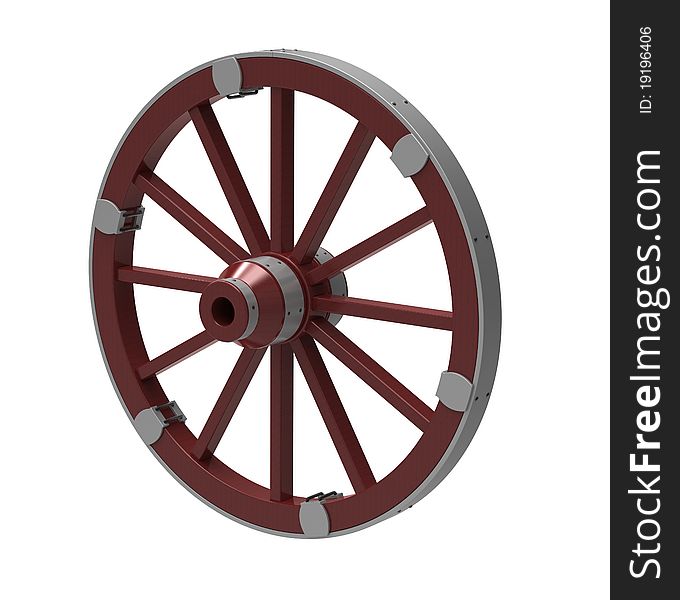 3d render of ancient wheel in a metal rim on a white background